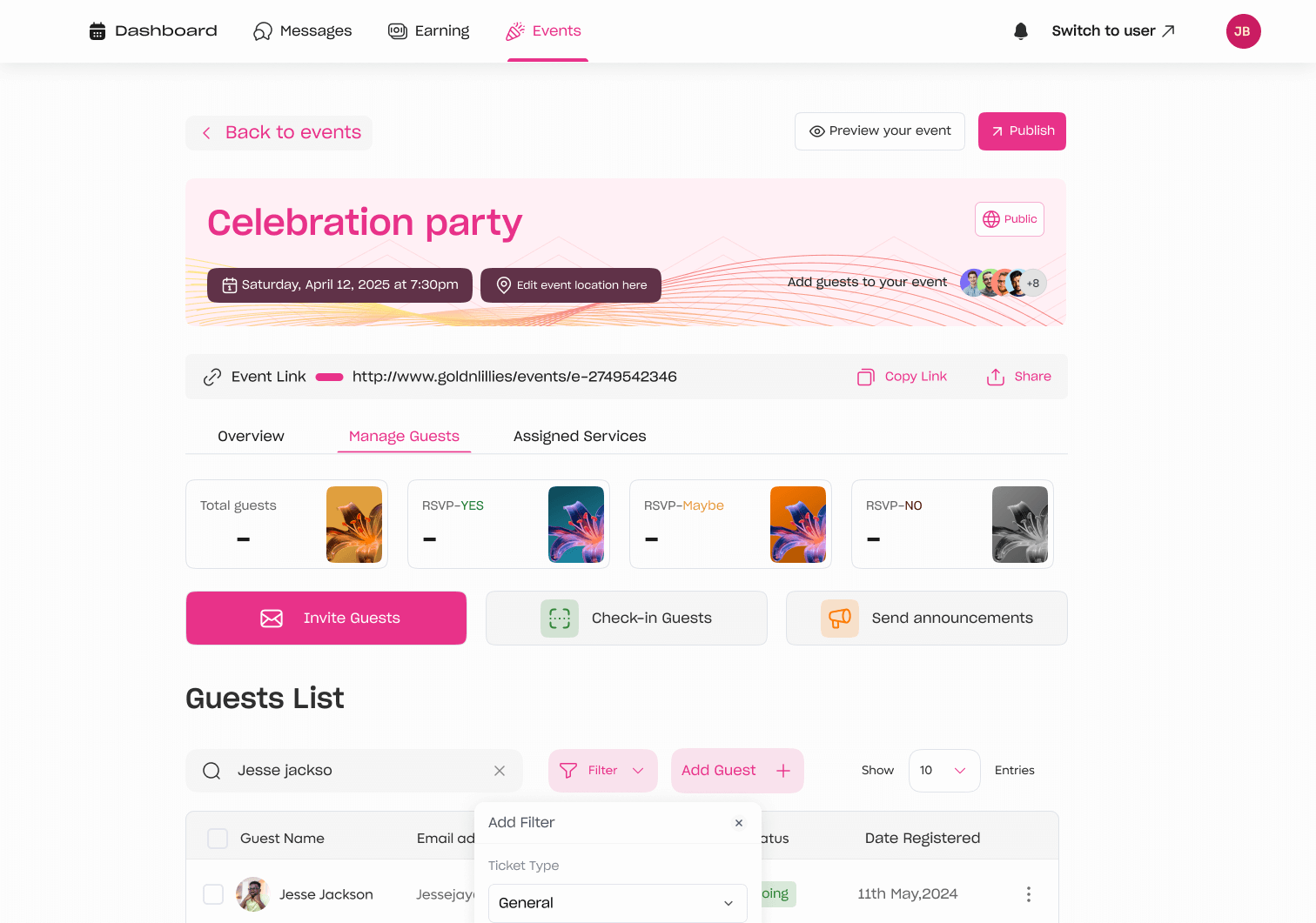 Planpadi event dashboard showing vendor assignments, ticket sales, and guest check-ins.